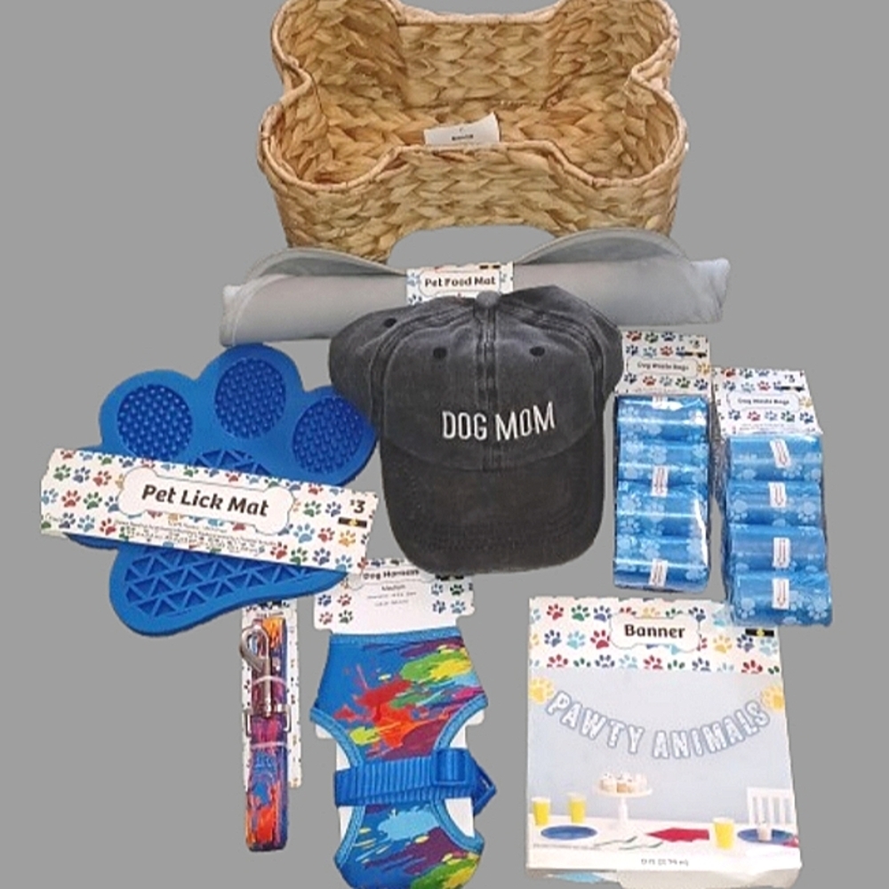 Dog pet basket/poop bag/harness/leash  food & lick mat/dog mom cap/party banner